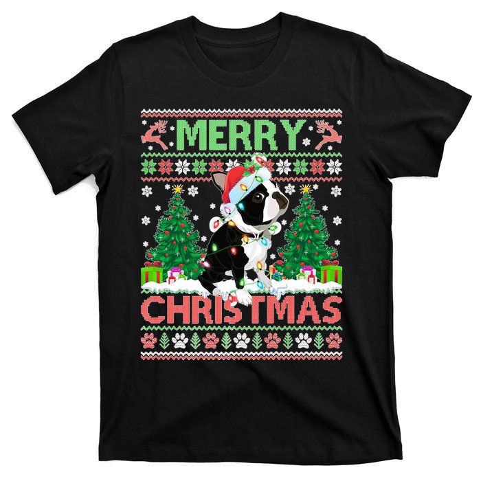 Merry Christmas Lighting Ugly Boston Terrier Christmas Premium T-Shirt