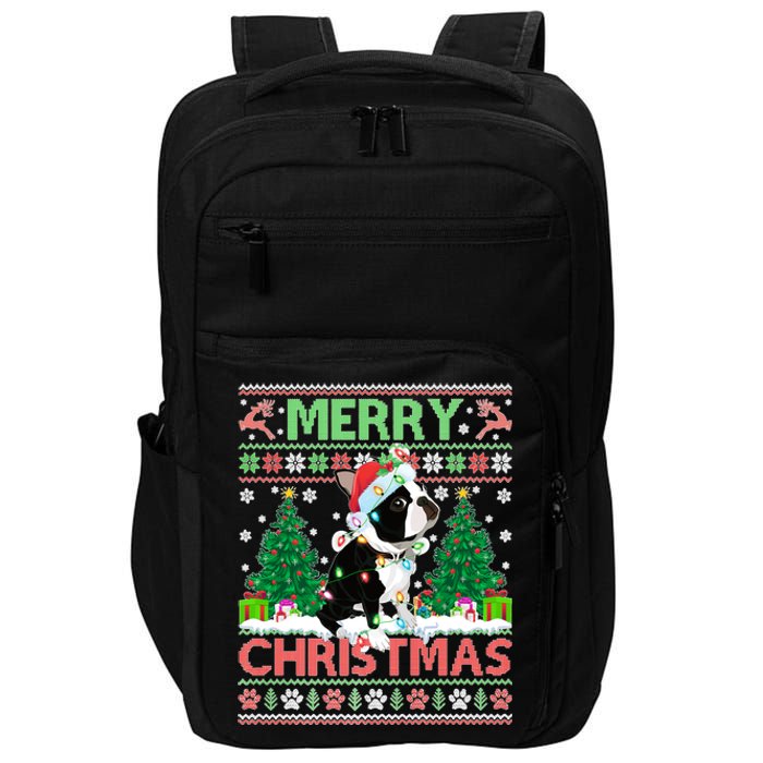 Merry Christmas Lighting Ugly Boston Terrier Christmas Premium Impact Tech Backpack