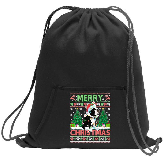 Merry Christmas Lighting Ugly Boston Terrier Christmas Premium Sweatshirt Cinch Pack Bag