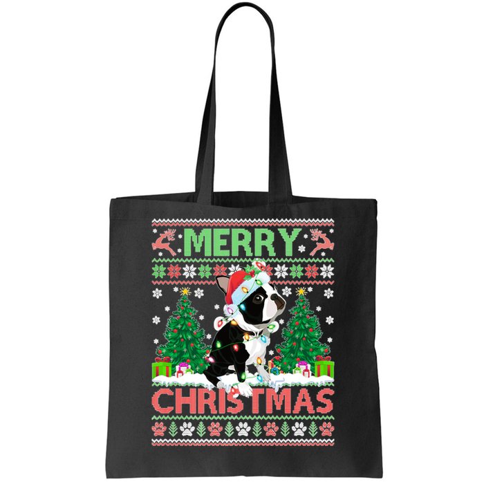 Merry Christmas Lighting Ugly Boston Terrier Christmas Premium Tote Bag