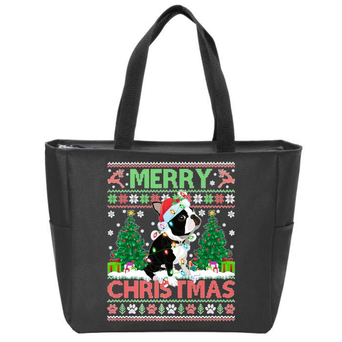 Merry Christmas Lighting Ugly Boston Terrier Christmas Premium Zip Tote Bag