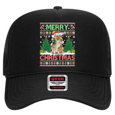 Merry Christmas Lighting Ugly Sheltie Christmas Premium High Crown Mesh Back Trucker Hat