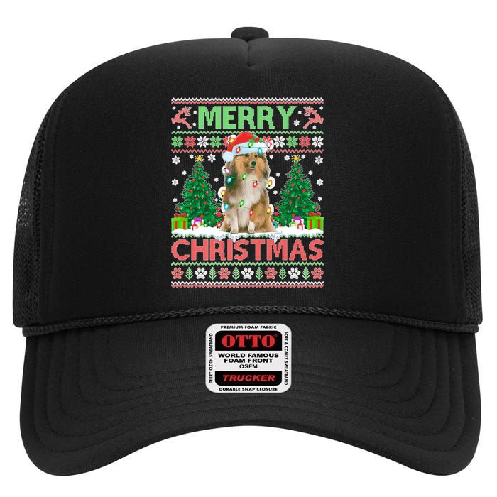 Merry Christmas Lighting Ugly Sheltie Christmas Premium High Crown Mesh Back Trucker Hat