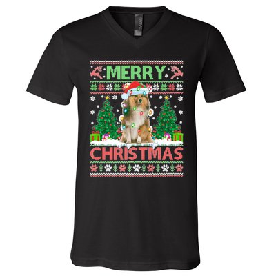 Merry Christmas Lighting Ugly Sheltie Christmas Premium V-Neck T-Shirt