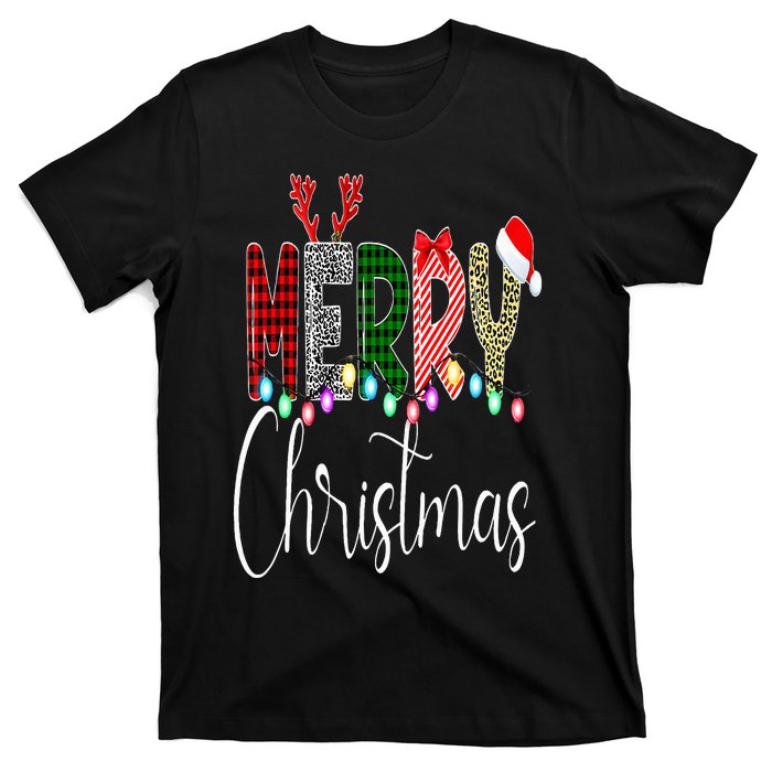 Merry Christmas Leopard Buffalo Red Plaid Santa Family Xmas T-Shirt