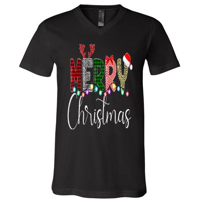 Merry Christmas Leopard Buffalo Red Plaid Santa Family Xmas V-Neck T-Shirt