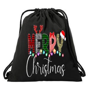 Merry Christmas Leopard Buffalo Red Plaid Santa Family Xmas Drawstring Bag