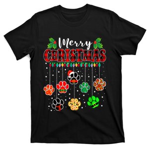 Merry Christmas Lights Dog Paw Red Plaid Funny Dog Love Xmas T-Shirt