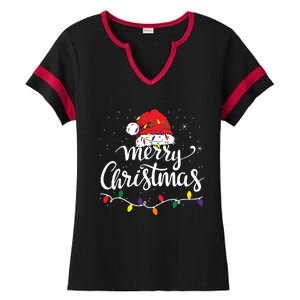 Merry Christmas Lights Red Santa Hat Xmas Family Ladies Halftime Notch Neck Tee