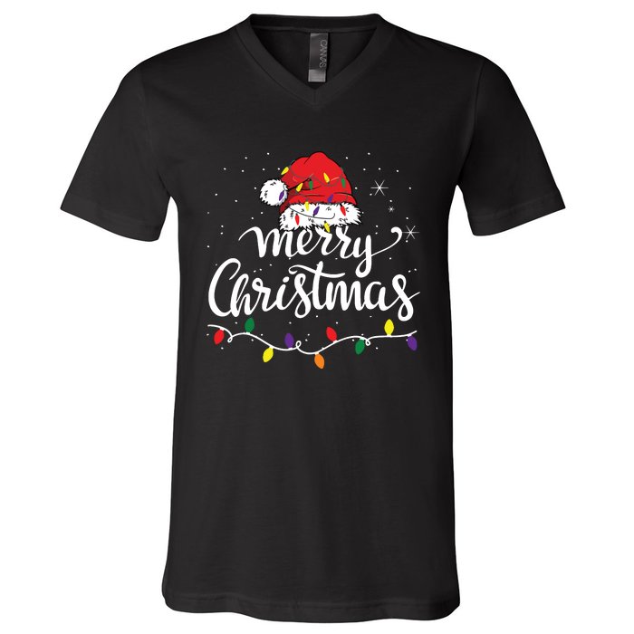 Merry Christmas Lights Red Santa Hat Xmas Family V-Neck T-Shirt