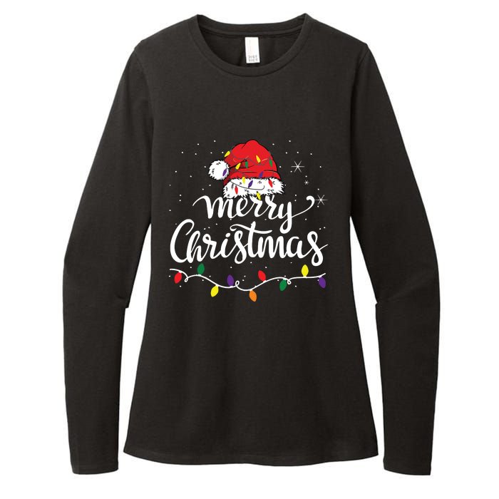 Merry Christmas Lights Red Santa Hat Xmas Family Womens CVC Long Sleeve Shirt