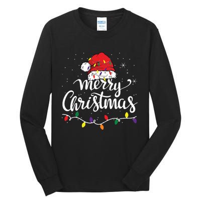 Merry Christmas Lights Red Santa Hat Xmas Family Tall Long Sleeve T-Shirt