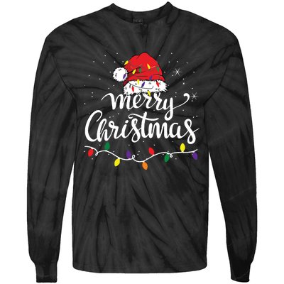 Merry Christmas Lights Red Santa Hat Xmas Family Tie-Dye Long Sleeve Shirt