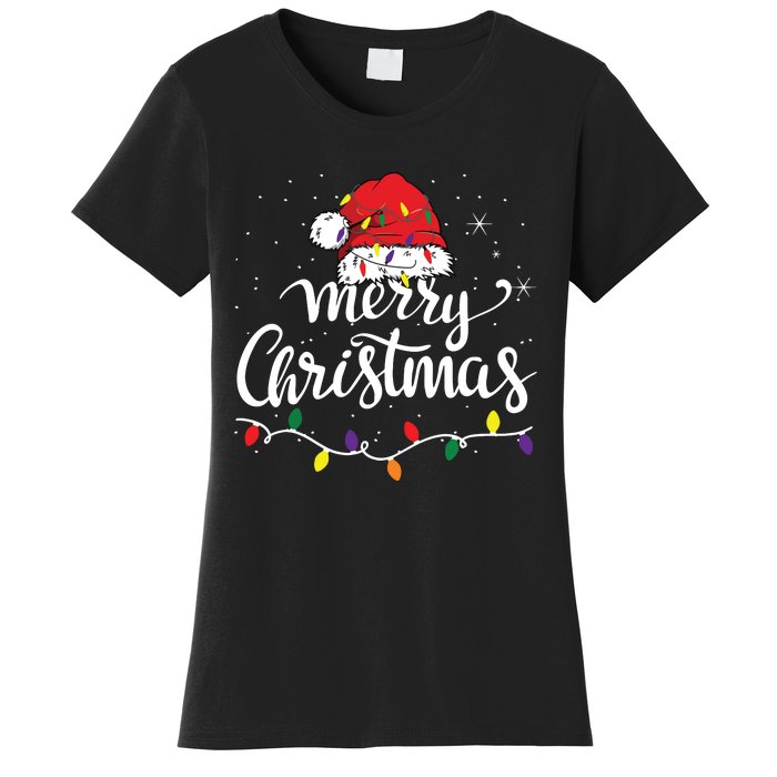 Merry Christmas Lights Red Santa Hat Xmas Family Women's T-Shirt