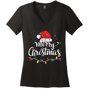 Merry Christmas Lights Red Santa Hat Xmas Family Women's V-Neck T-Shirt