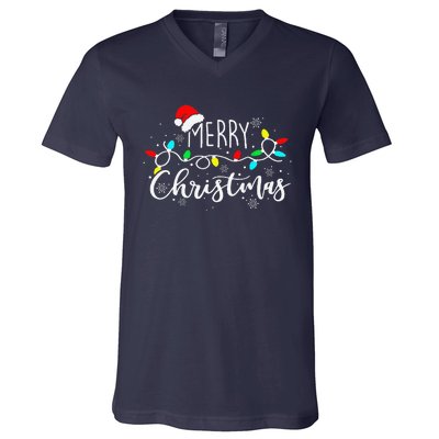 Merry Christmas Lights Red Santa Hat Xmas Family V-Neck T-Shirt