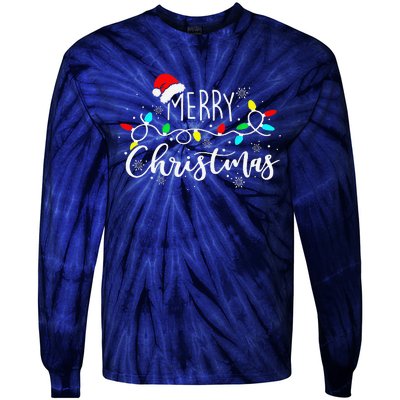 Merry Christmas Lights Red Santa Hat Xmas Family Tie-Dye Long Sleeve Shirt