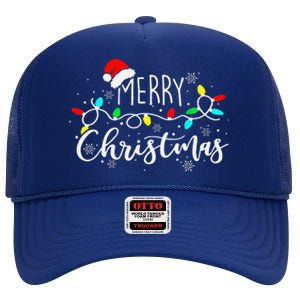 Merry Christmas Lights Red Santa Hat Xmas Family High Crown Mesh Back Trucker Hat