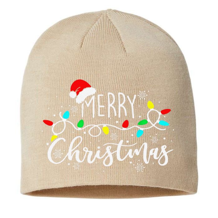 Merry Christmas Lights Red Santa Hat Xmas Family Sustainable Beanie