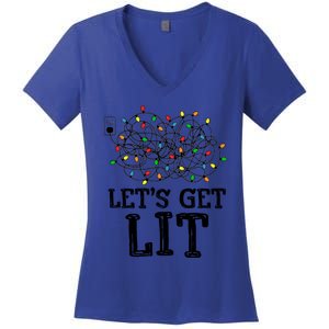 Messy Christmas Lights LetS Get Lit Funny Xmas Pajamas Cool Gift Women's V-Neck T-Shirt