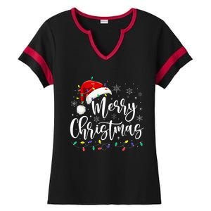 Merry Christmas Lights Red Santa Hat Xmas Family Ladies Halftime Notch Neck Tee