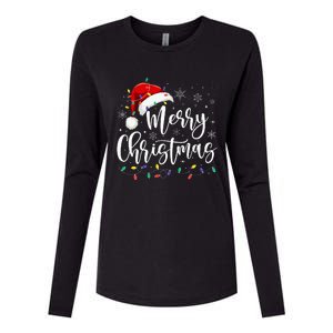 Merry Christmas Lights Red Santa Hat Xmas Family Womens Cotton Relaxed Long Sleeve T-Shirt