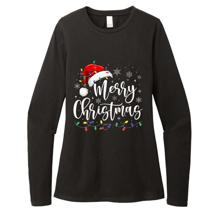 Merry Christmas Lights Red Santa Hat Xmas Family Womens CVC Long Sleeve Shirt