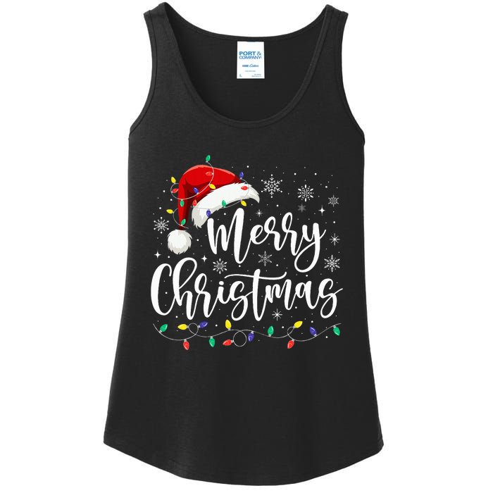 Merry Christmas Lights Red Santa Hat Xmas Family Ladies Essential Tank