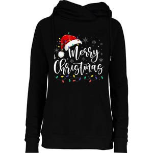 Merry Christmas Lights Red Santa Hat Xmas Family Womens Funnel Neck Pullover Hood