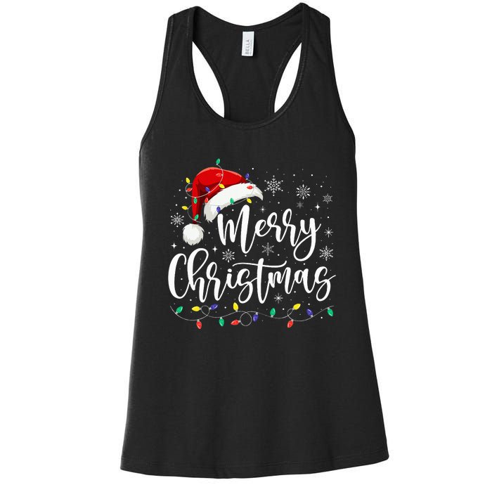 Merry Christmas Lights Red Santa Hat Xmas Family Women's Racerback Tank