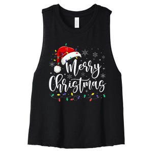 Merry Christmas Lights Red Santa Hat Xmas Family Women's Racerback Cropped Tank