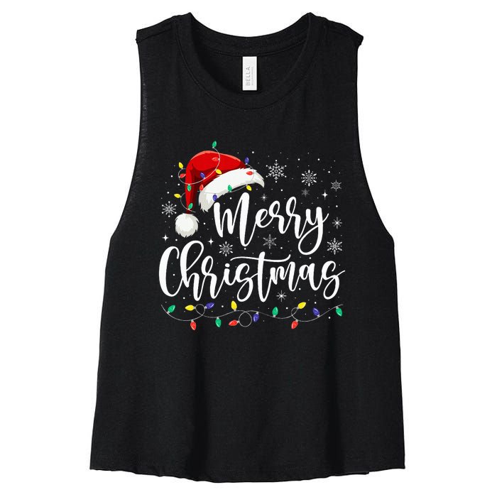 Merry Christmas Lights Red Santa Hat Xmas Family Women's Racerback Cropped Tank