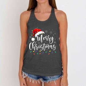 Merry Christmas Lights Red Santa Hat Xmas Family Women's Knotted Racerback Tank