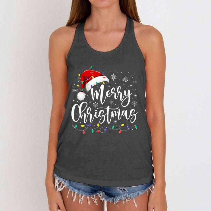 Merry Christmas Lights Red Santa Hat Xmas Family Women's Knotted Racerback Tank