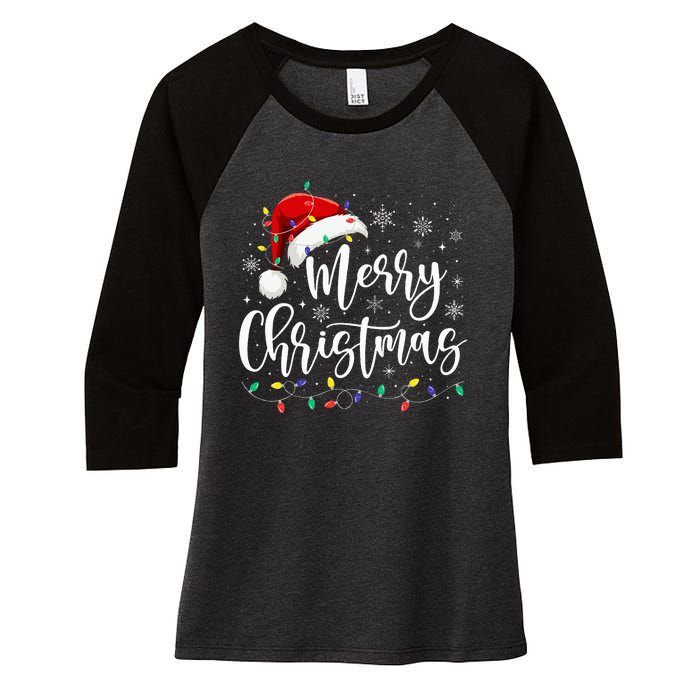 Merry Christmas Lights Red Santa Hat Xmas Family Women's Tri-Blend 3/4-Sleeve Raglan Shirt