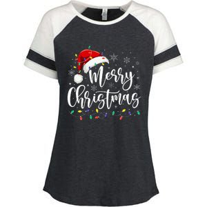 Merry Christmas Lights Red Santa Hat Xmas Family Enza Ladies Jersey Colorblock Tee