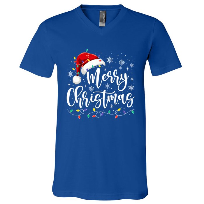 Merry Christmas Lights Red Santa Hat Xmas Family Gift V-Neck T-Shirt