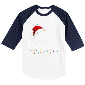 Merry Christmas Lights Red Santa Hat Xmas Family Gift Baseball Sleeve Shirt