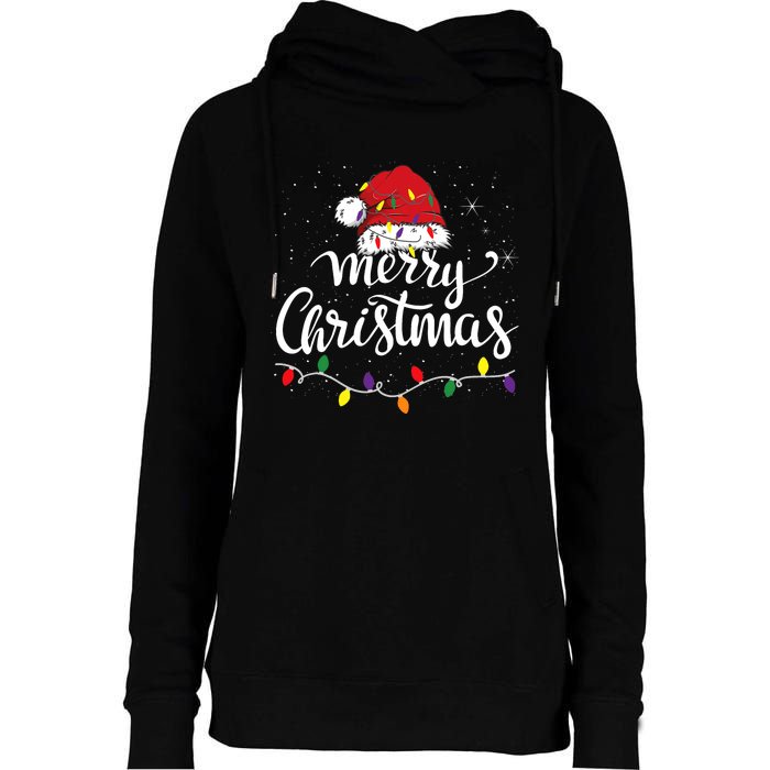 Merry Christmas Lights Red Santa Hat Xmas Family Womens Funnel Neck Pullover Hood