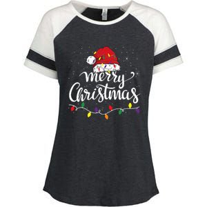 Merry Christmas Lights Red Santa Hat Xmas Family Enza Ladies Jersey Colorblock Tee