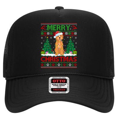 Merry Christmas Lighting Ugly Goldendoodle Christmas High Crown Mesh Back Trucker Hat