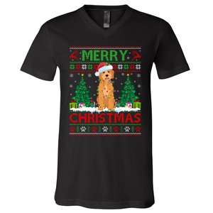 Merry Christmas Lighting Ugly Goldendoodle Christmas V-Neck T-Shirt