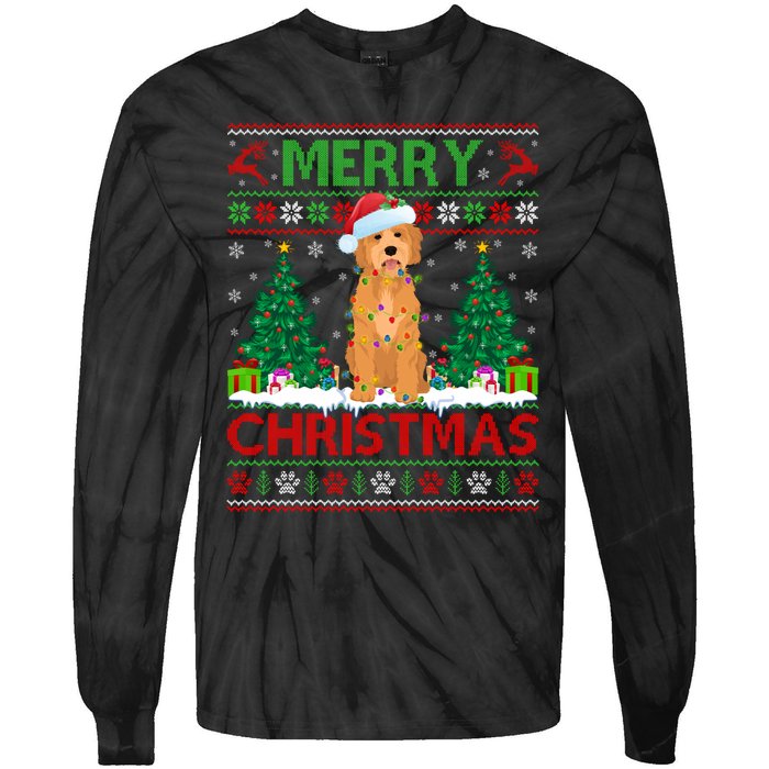 Merry Christmas Lighting Ugly Goldendoodle Christmas Tie-Dye Long Sleeve Shirt