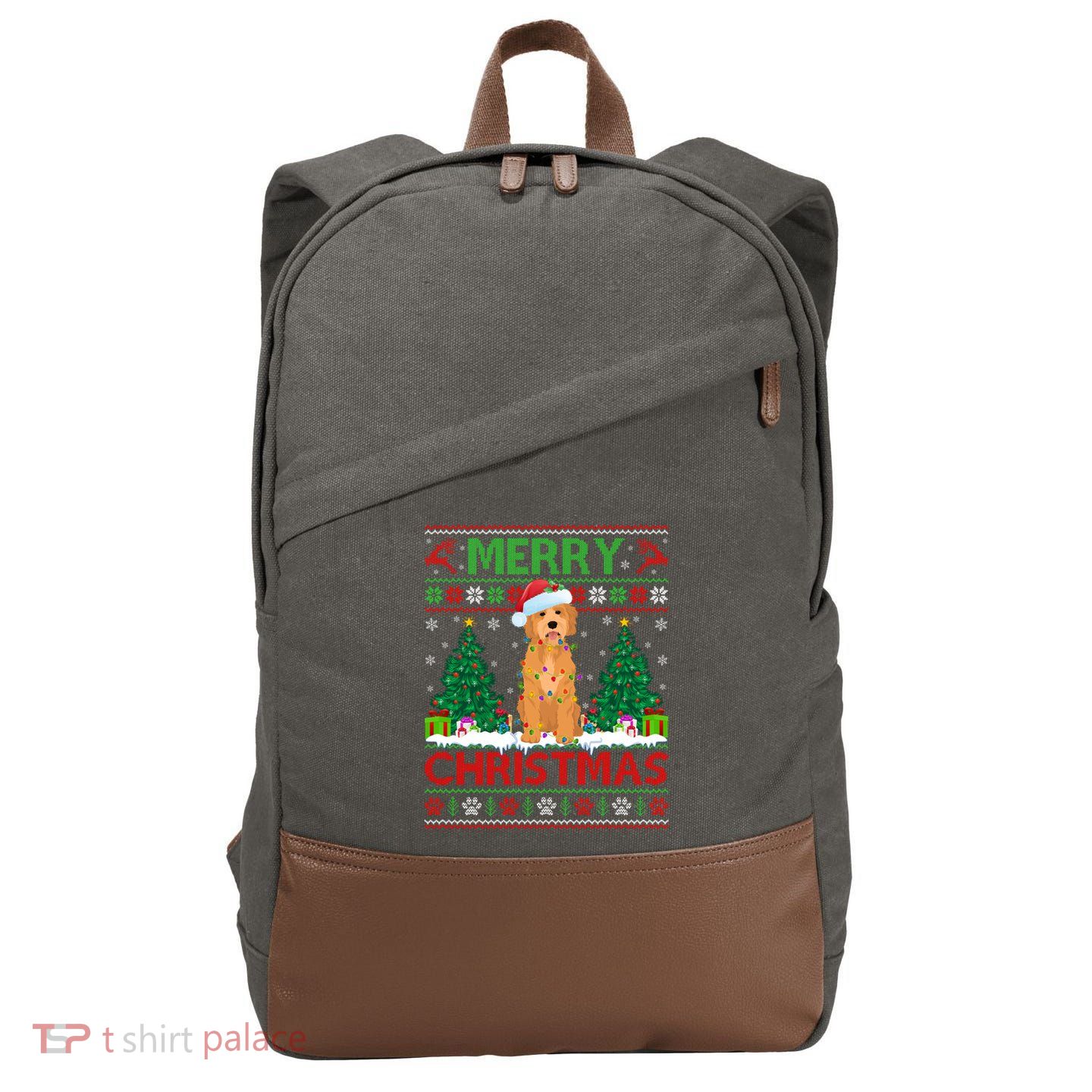 Merry Christmas Lighting Ugly Goldendoodle Christmas Cotton Canvas Backpack