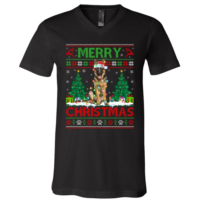 Merry Christmas Lighting Ugly German Shepherd Christmas V-Neck T-Shirt