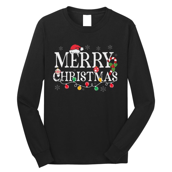 Merry Christmas Lights Santa Hat Xmas Family Women Long Sleeve Shirt