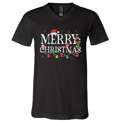 Merry Christmas Lights Santa Hat Xmas Family Women V-Neck T-Shirt