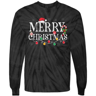 Merry Christmas Lights Santa Hat Xmas Family Women Tie-Dye Long Sleeve Shirt