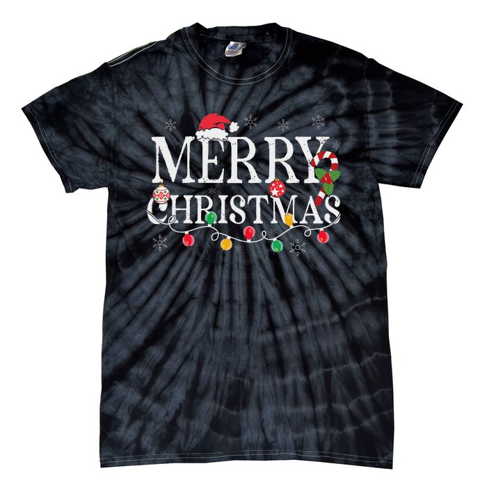 Merry Christmas Lights Santa Hat Xmas Family Women Tie-Dye T-Shirt