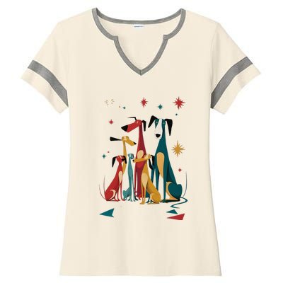 Mid Century Long Neck Dogs 50s 60s Style Ladies Halftime Notch Neck Tee